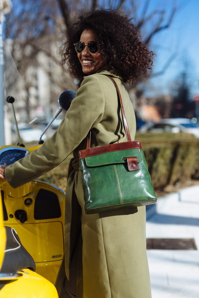 leather handbag,green leather backpack, leather bag, handmade woman bag, handmade leather bag, everyday bag, backpack. image 1