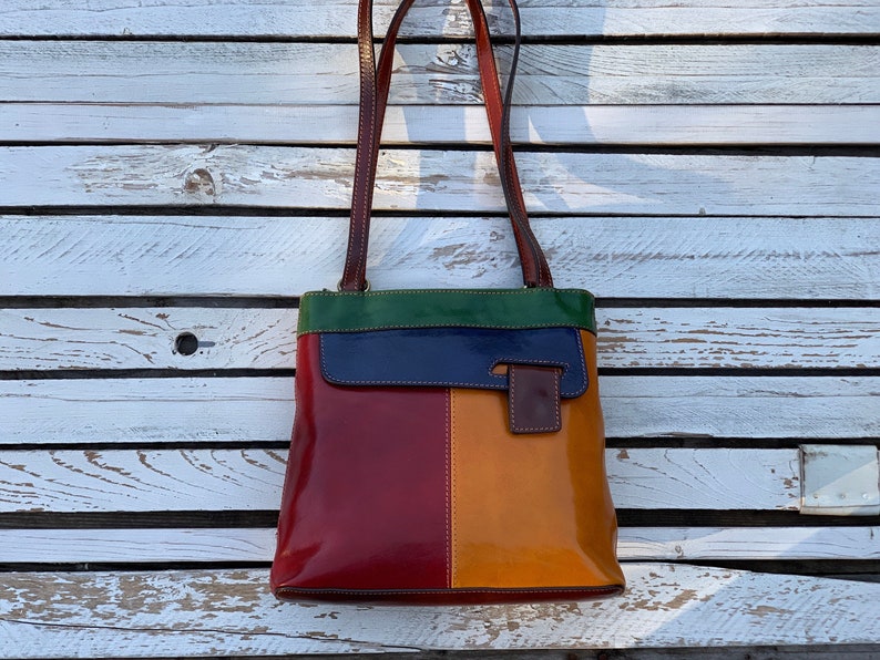 bolso de cuero, mochila de cuero, bolso de cuero multicolor, bolso de mujer hecho a mano, bolso de cuero hecho a mano, bolso de diario, mochila. imagen 3