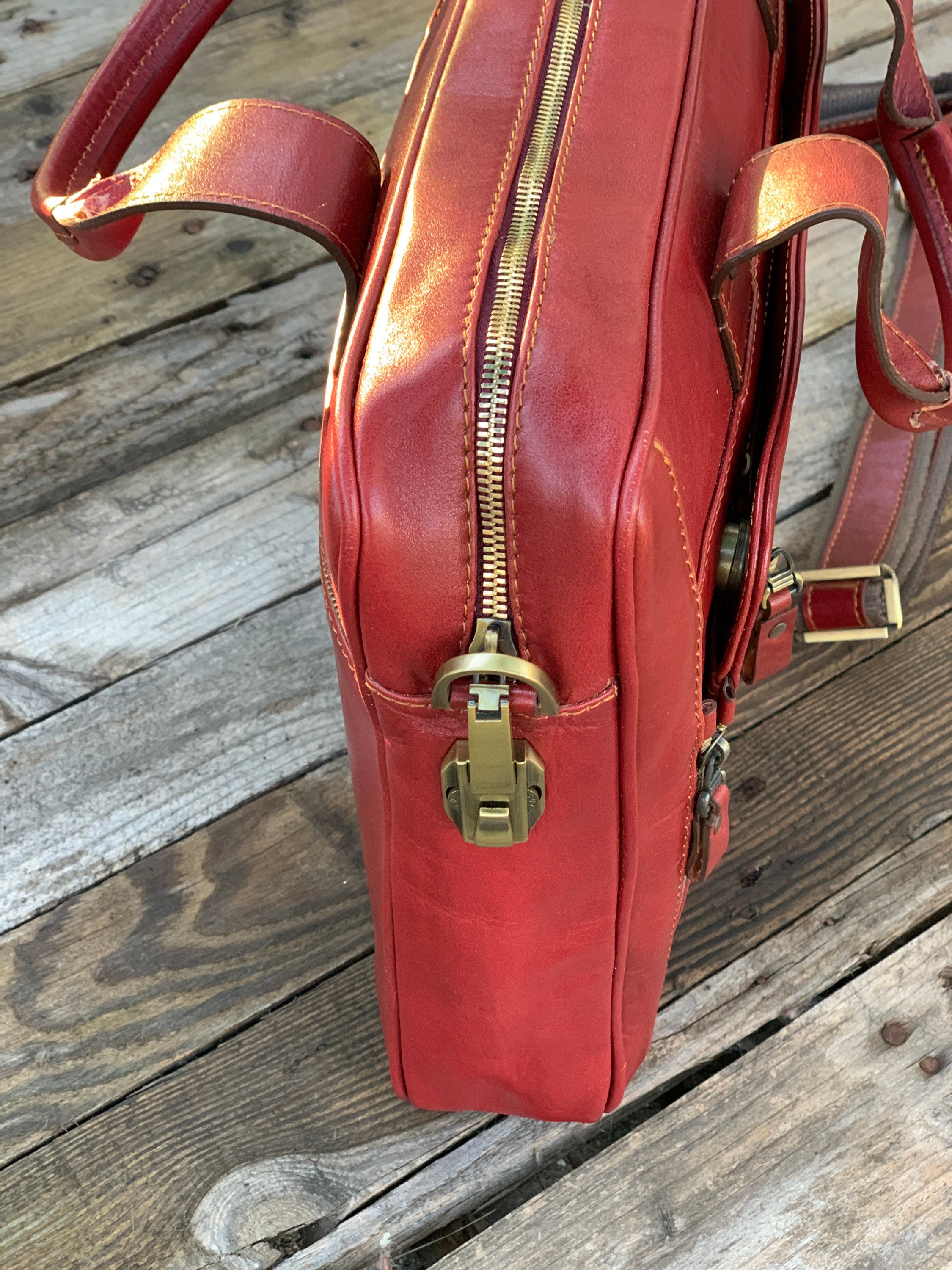 Leather Briefcasered Leather Briefcase Men Leather Etsy