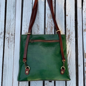 leather handbag,green leather backpack, leather bag, handmade woman bag, handmade leather bag, everyday bag, backpack. image 6