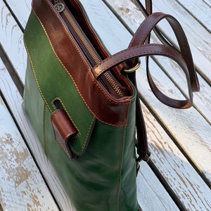 leather handbag,green leather backpack, leather bag, handmade woman bag, handmade leather bag, everyday bag, backpack. image 5