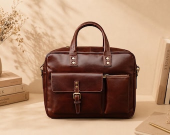 48Hours DELIEVRY,Brown Leather Briefcase: Italian Leather Laptop Bag, Handcrafted in Tuscany