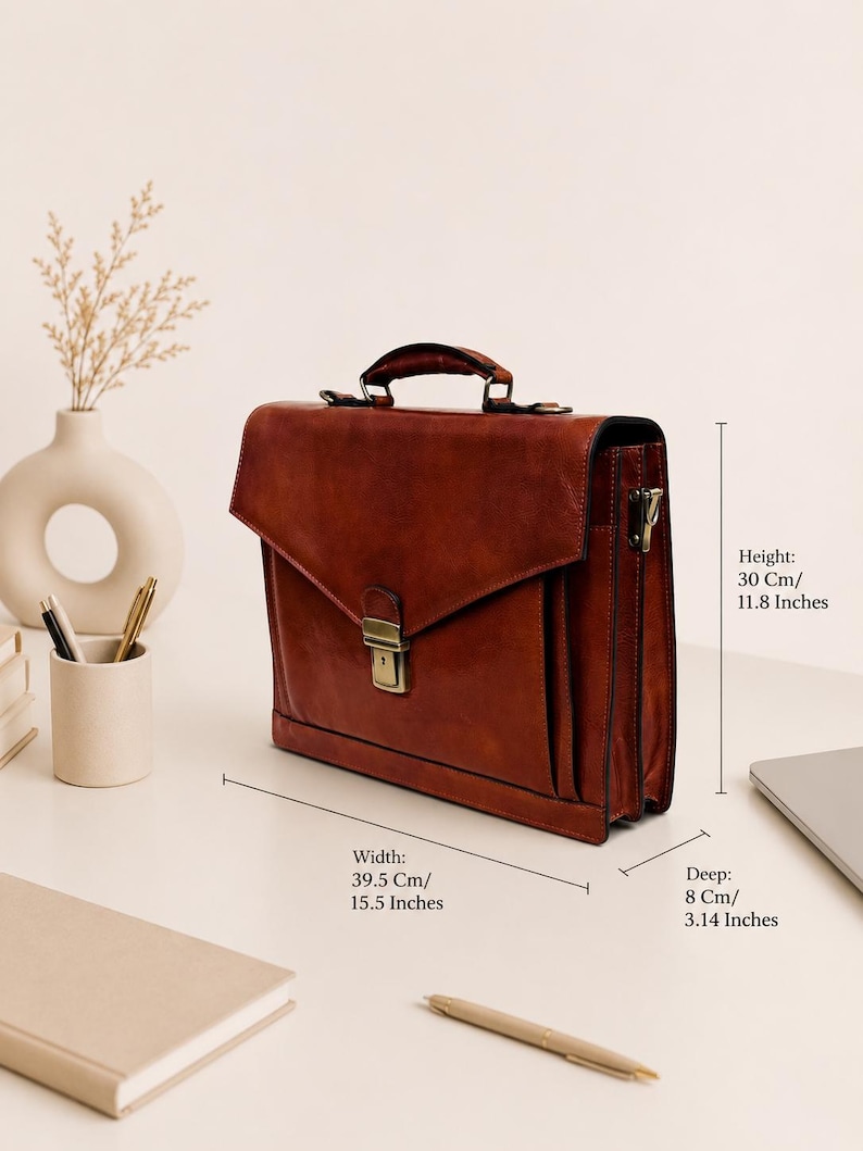 Pu&ograve; includere: Una ventiquattrore in pelle marrone con manico superiore e chiusura in metallo color ottone. La borsa misura 30 cm di altezza, 39,5 cm di larghezza e 8 cm di profondit&agrave;. Presenta una forma rettangolare strutturata con chiusura a patta.