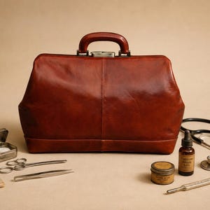 May include: A vintage brown leather doctor's bag with a handle, surrounded by medical tools. The tools include a stethoscope, bottles, a tin, scissors, tweezers, and a thermometer. The bag is the focal point, with a classic, professional aesthetic.