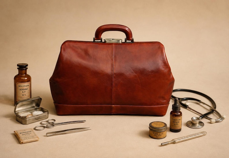 May include: A vintage brown leather doctor's bag with a handle, surrounded by medical tools. The tools include a stethoscope, bottles, a tin, scissors, tweezers, and a thermometer. The bag is the focal point, with a classic, professional aesthetic.
