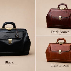 May include: Three leather doctor bags in black, dark brown, and light brown. Each bag has a top handle, a front pocket, and a metal clasp closure. The bags are displayed against a neutral background.
