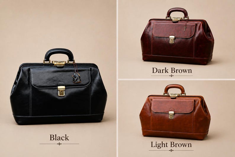 May include: Three leather doctor bags in black, dark brown, and light brown. Each bag has a top handle, a front pocket, and a metal clasp closure. The bags are displayed against a neutral background.