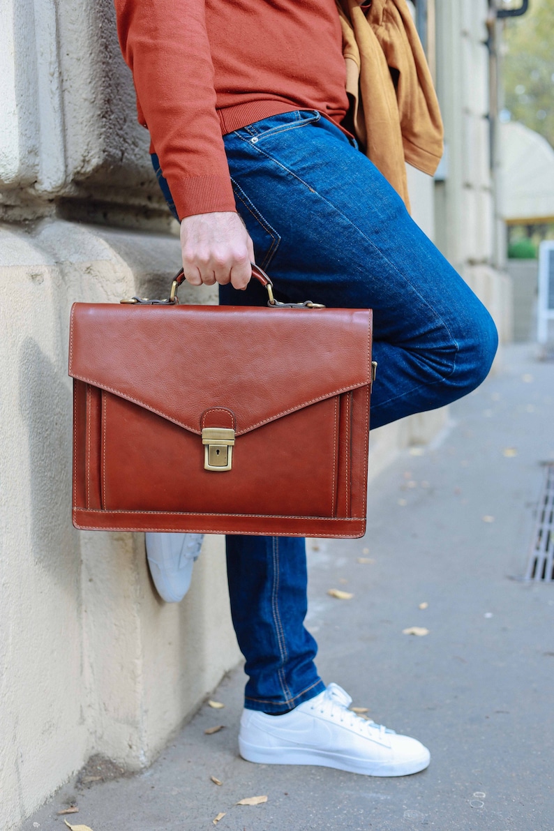 Leather Briefcaseblack Leather Briefcase Mens Leather Etsy