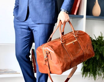 Mala de viagem grande em couro, mala de viagem em couro, mala de fim de semana, mala de viagem, mala de viagem de couro para pernoite, mala de cabine, mala de viagem marrom, bolsa de ginástica