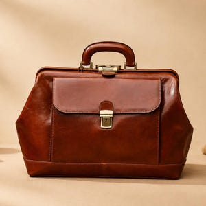 May include: A brown leather doctor's bag with a top handle and a front pocket. The bag has a gold-colored clasp and a lock. The bag is sitting on a light brown surface.