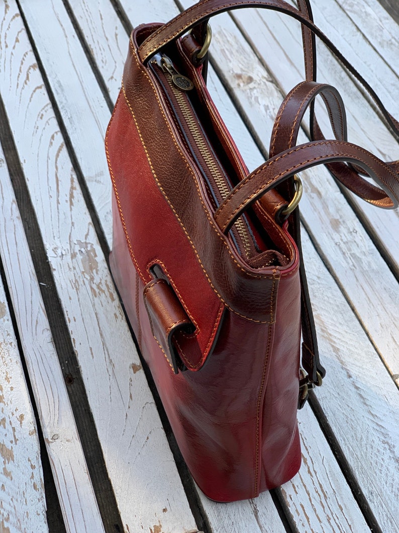 leather handbag,red leather backpack,red leather bag, handmade woman bag, handmade leather bag, everyday bag, backpack. image 5