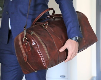 Bolsa de viaje de cuero italiano artesanal: bolso de fin de semana de cuero marrón.