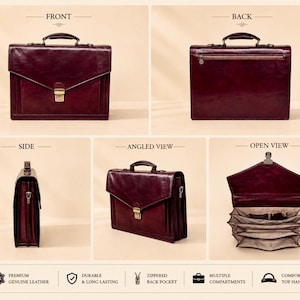 Pu&ograve; includere: Una ventiquattrore in pelle color bordeaux scuro mostrata da diverse angolazioni, tra cui vista frontale, posteriore, laterale e aperta. Presenta un manico superiore, una patta frontale con chiusura in metallo, una tasca posteriore con zip e scomparti interni.
