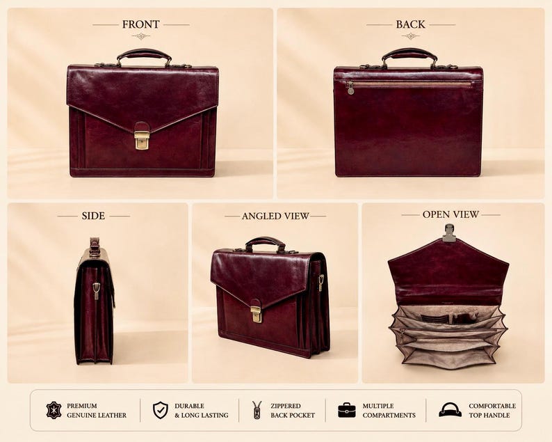 Pu&ograve; includere: Una ventiquattrore in pelle color bordeaux scuro mostrata da diverse angolazioni, tra cui vista frontale, posteriore, laterale e aperta. Presenta un manico superiore, una patta frontale con chiusura in metallo, una tasca posteriore con zip e scomparti interni.