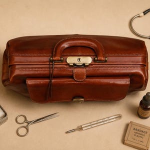 May include: A vintage brown leather doctor's bag with a brass clasp, handle, and front pocket. The bag is surrounded by medical tools, including a stethoscope, thermometer, scissors, and bottles of medicine.
