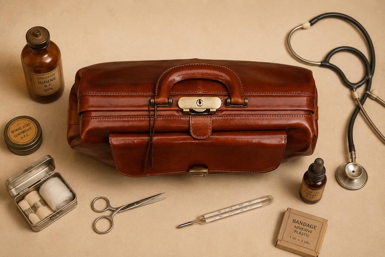 May include: A vintage brown leather doctor's bag with a brass clasp, handle, and front pocket. The bag is surrounded by medical tools, including a stethoscope, thermometer, scissors, and bottles of medicine.