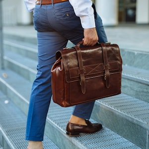 Leren aktetas, bruine leren aktetas, leren aktetas heren, laptoptas, leren tas, cadeau voor hem, schoudertas, herenaktetas