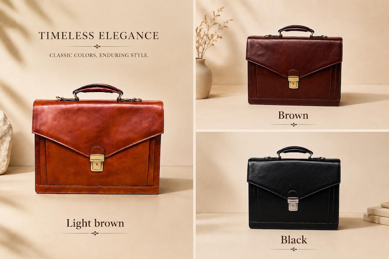 Pu&ograve; includere: Tre cartelle in pelle nei colori marrone chiaro, marrone e nero, ciascuna dotata di manico superiore, patta con chiusura metallica e cuciture verticali. Il testo recita: TIMELESS ELEGANCE, CLASSIC COLORS, ENDURING STYLE.