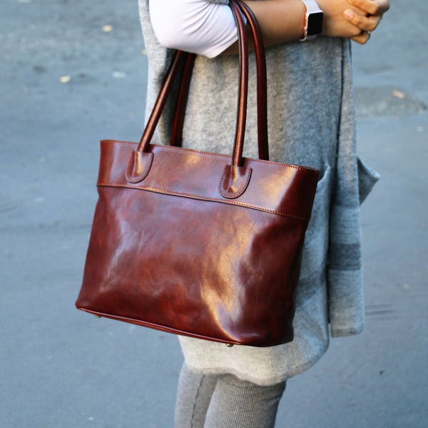 Entrega en 48 horas. Bolso tote de piel italiana hecho a mano: elegante bolso toscano.