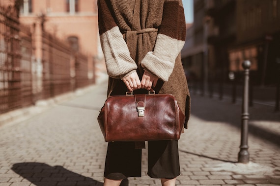 Large Leather Doctor Bag Modern Lady Bag Soft Brown 