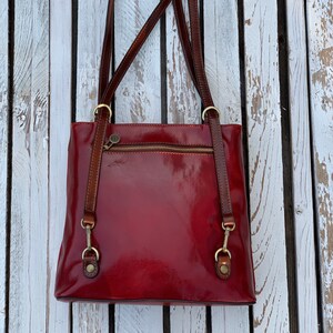 leather handbag,red leather backpack,red leather bag, handmade woman bag, handmade leather bag, everyday bag, backpack. image 6