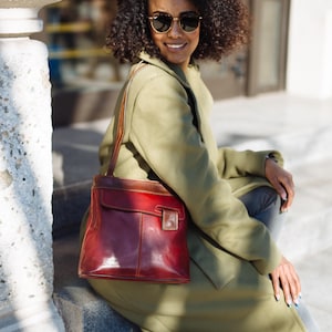 leather handbag,red leather backpack,red leather bag, handmade woman bag, handmade leather bag, everyday bag, backpack. image 3