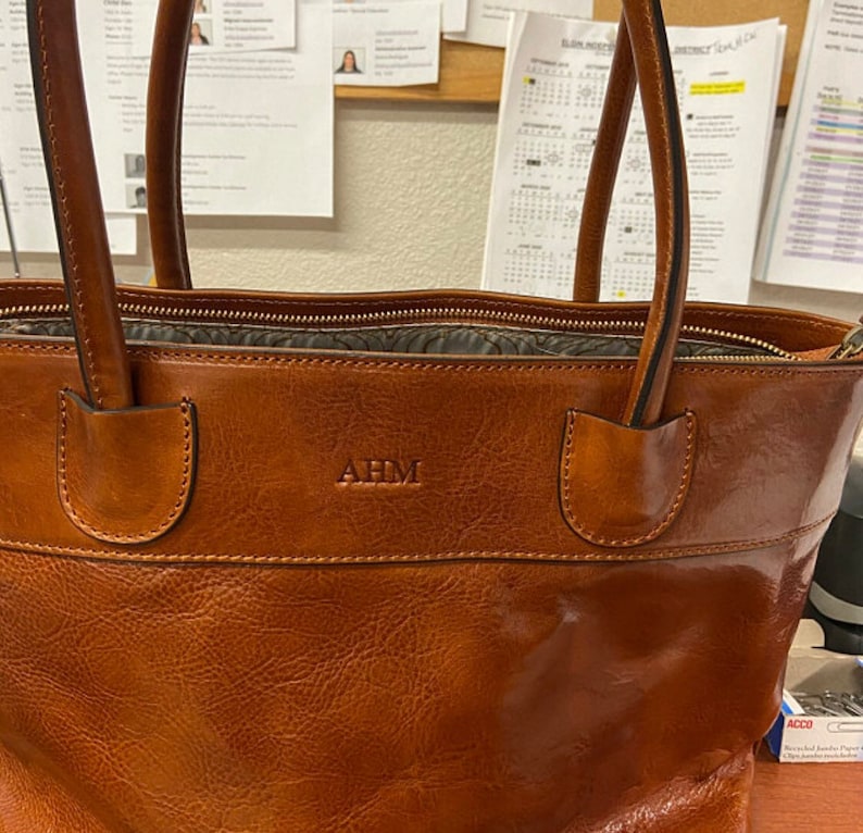 Custom Engraving on leather bags ,Personalize initials on bags ,Custom Initials ,text engraving directly on the leather image 3