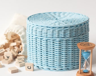 Baby blue lidded minimalist basket with lid, Wicker hamper box for storage, mother's day gift box