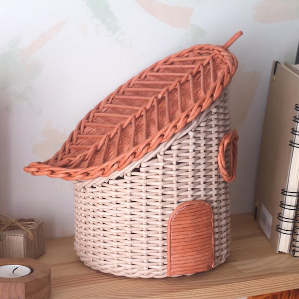 Wicker Fairy House Basket: Burnt Orange Leaf Lid, Kids Room Storage