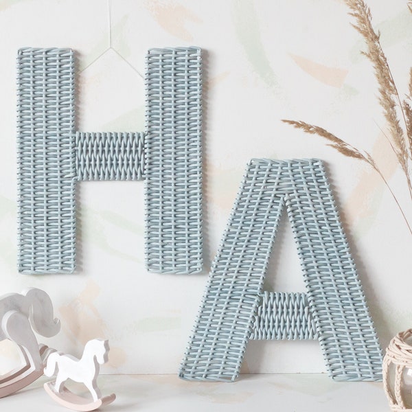 Initial sign for gray blue nursery wall decor, wicker letter name wall art