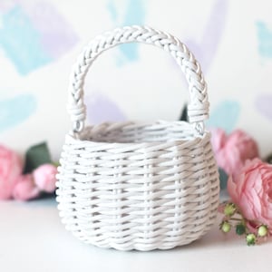 White flower girl basket, small petal basket with handle