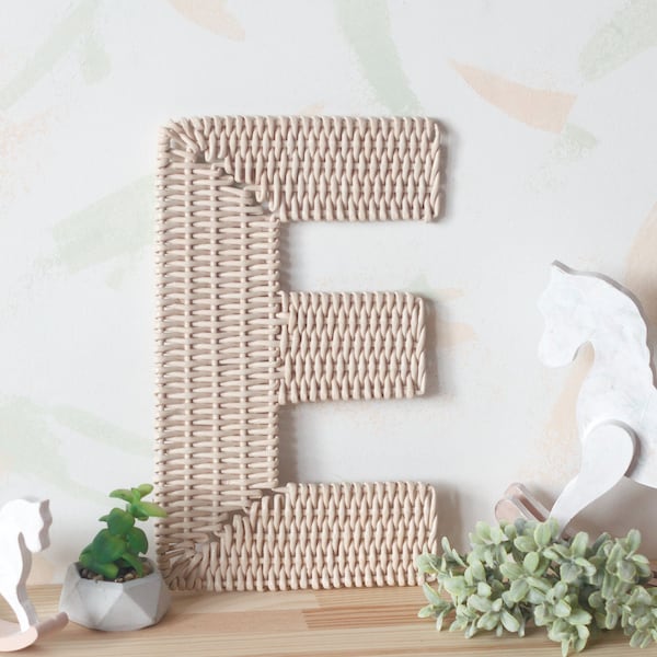 Monogram wall art for beige nursery decor, wicker letter neutral sign