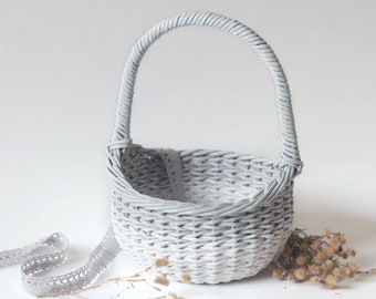 Gray and white handled basket for flower girl, silver wedding decor