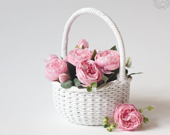 White flower girl basket, wicker wedding basket with a handle