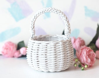 White flower girl basket, small petal basket with handle