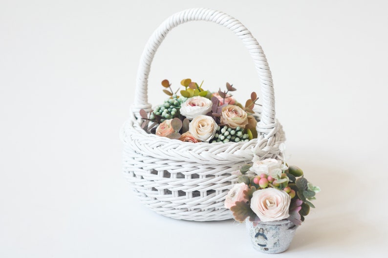 Wicker Basket for Flower Girl White Wedding Basket With a Etsy