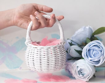 Small white flower girl basket with a handle