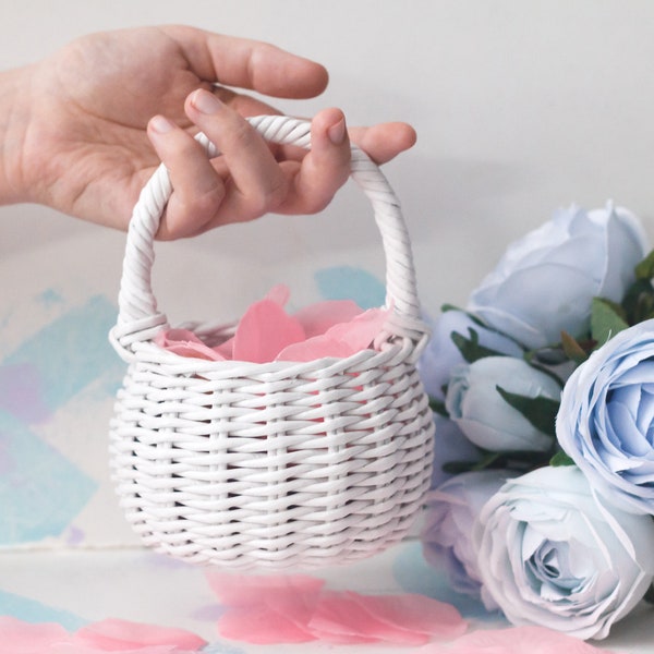 Small white flower girl basket with a handle