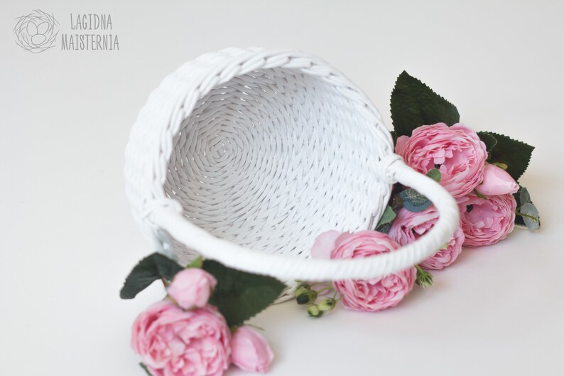 White Flower Girl Basket Wicker Wedding Basket With a Handle Etsy