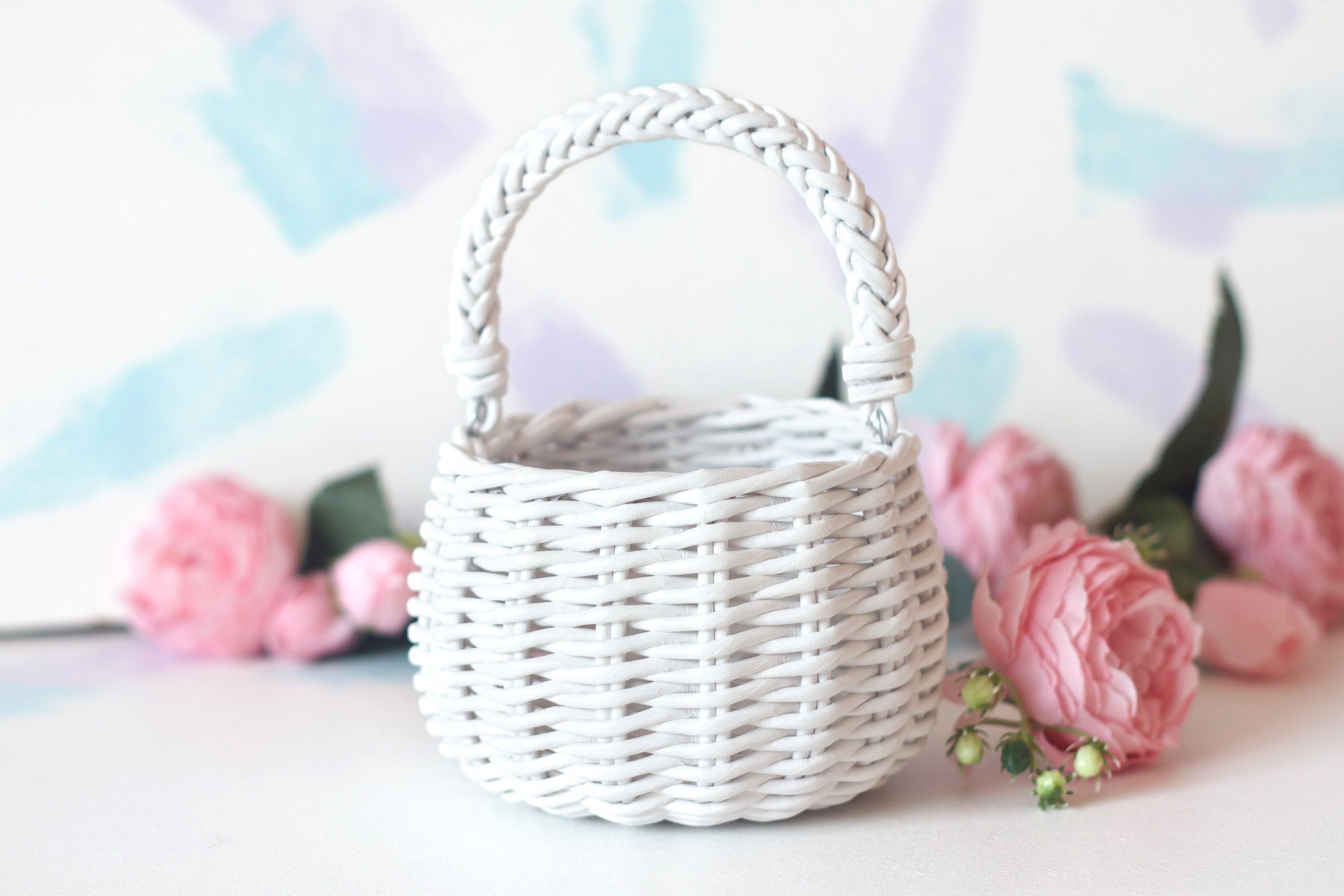 White flower girl basket small petal basket with handle Etsy