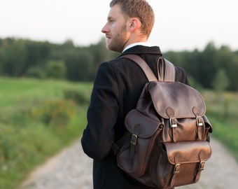 Leather Backpack 30, Big Brown Backpack, Leather Hunter Backpack, Travel Handmade Backpack, Unisex Backpack, Vintage Style Backpack