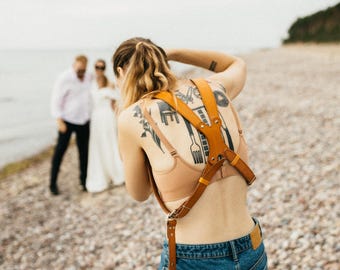 Gold Leather Camera Harness for Two Cameras, Dual DSLR Strap, Multi Pivot Holster, Adjustable Photographer Gear, Handmade Gift