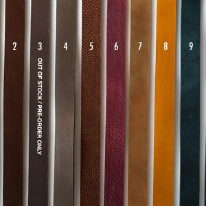 May include: Ten leather straps in different colors, numbered 1 through 10.  Straps 3 and 4 are out of stock and available for pre-order only.