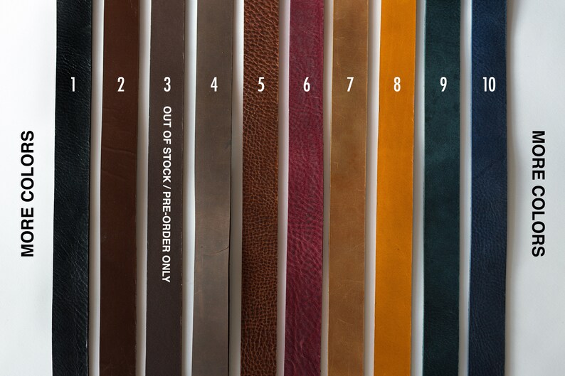 May include: Ten leather straps in different colors, numbered 1 through 10.  Straps 3 and 4 are out of stock and available for pre-order only.