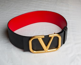 Authentic Valentino Garavani Wide Leather Belt – Reversible Black Red – Solid Brass V Buckle – Size 85 / 34