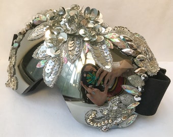 Mercury Silver Goggles - Eye Goggles Embellished w Iridescent & Metallic Silver Sequins - Burner Fashion Festival Accessories for Burners