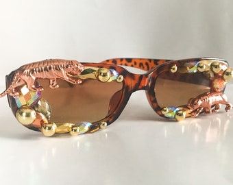Tiger Sunglasses, Skinny Tortoiseshell Sunglasses w Bronze Tiger Charm & Tiger Eye, Tortoiseshell Glasses for Big Cat Sunglasses or Cat Love