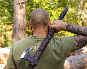 Engraved Viking Axe, Hand Forged Scandinavian Hatchet with Sheath