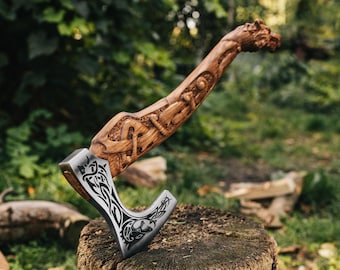 Viking Axe Wolf Fenrir Hand Carved,  Custom Engraved Nordic Hatchet
