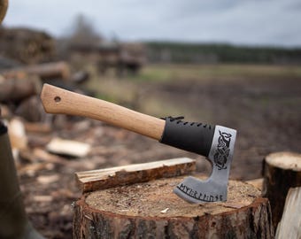 Engraved Camping Hatchet for Chopping, Bearded Bushcraft Axe with Sheath